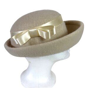 Retro Fuzzy Mohair Hat VTG Winter Rolled Brim Beige Satin Bow Church Derby